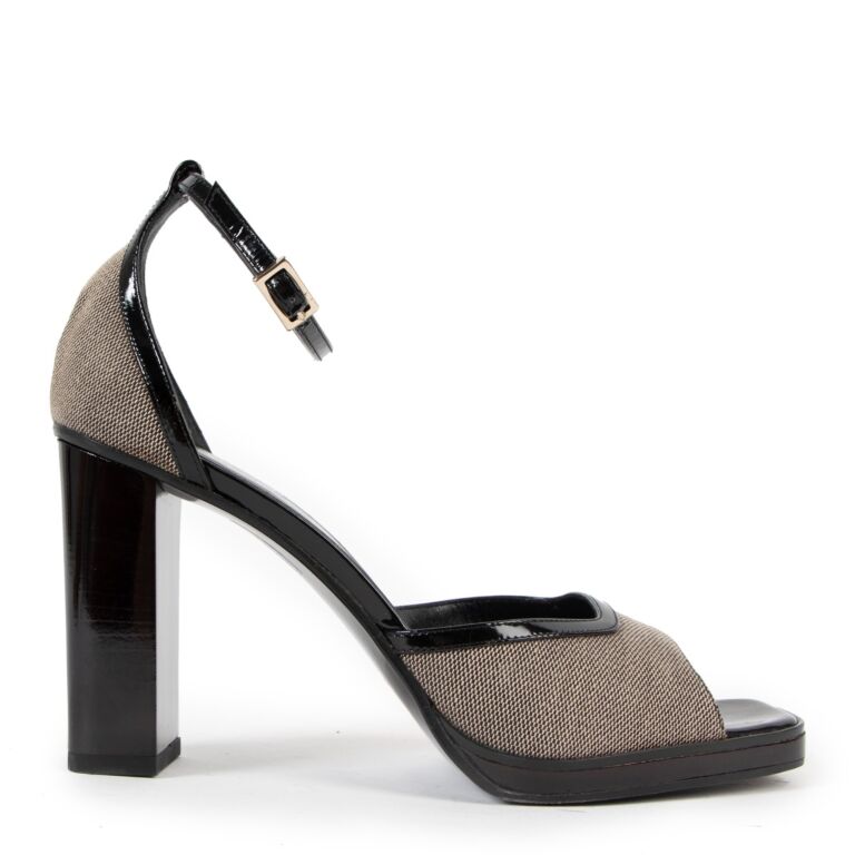 Gucci Black Leather Canvas Peep Toe Pumps Size 37 Labellov