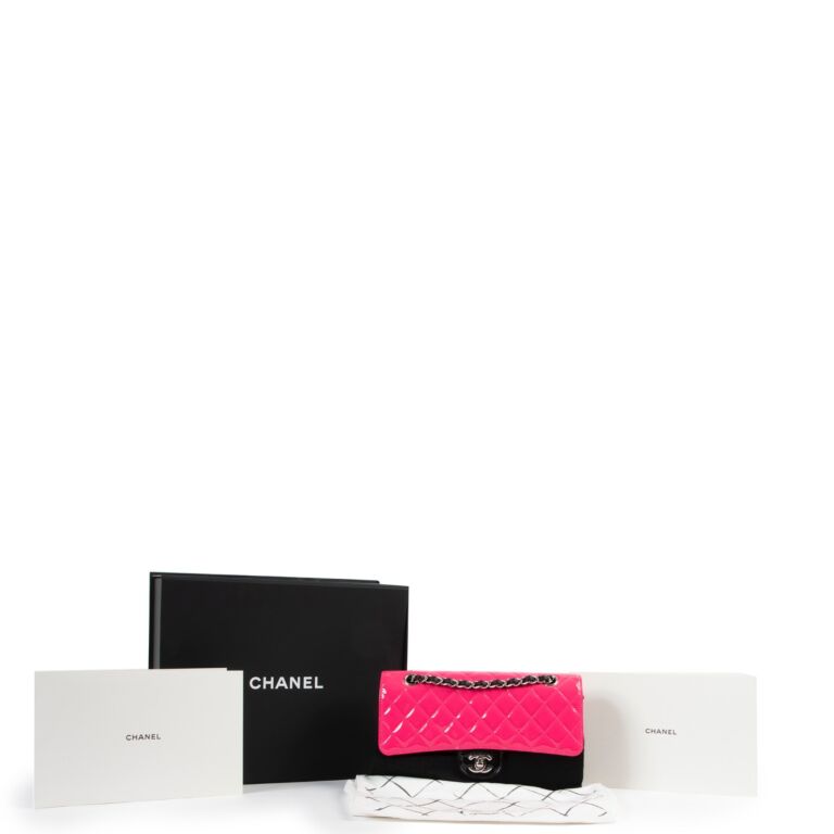 Chanel Black And Pink Quilted Patent Double Mini Flap Waist Bag