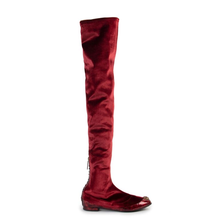 Chanel Pre Fall 2012 Runway Red Velvet Over the knee Boots Size 37 5 Labellov Buy and Sell Authentic Luxury