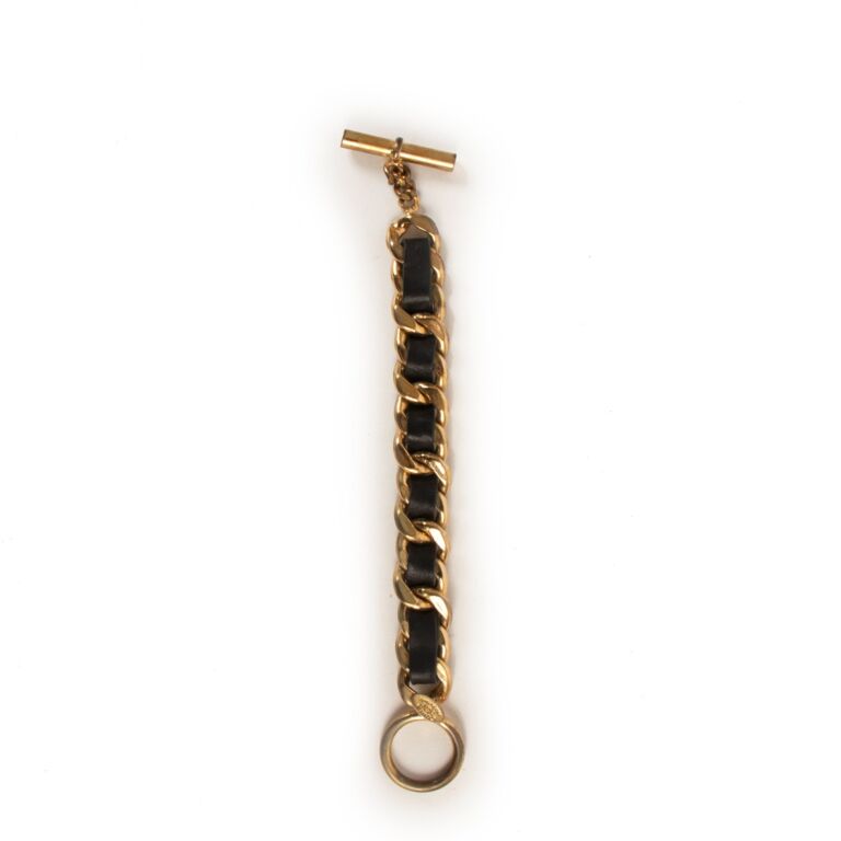 Chanel Vintage Black Leather Gold Chain Bracelet ○ Labellov