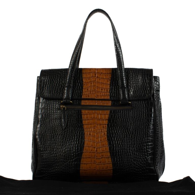 Dries Van Noten Black Crocodile Embossed Leather Tote Bag