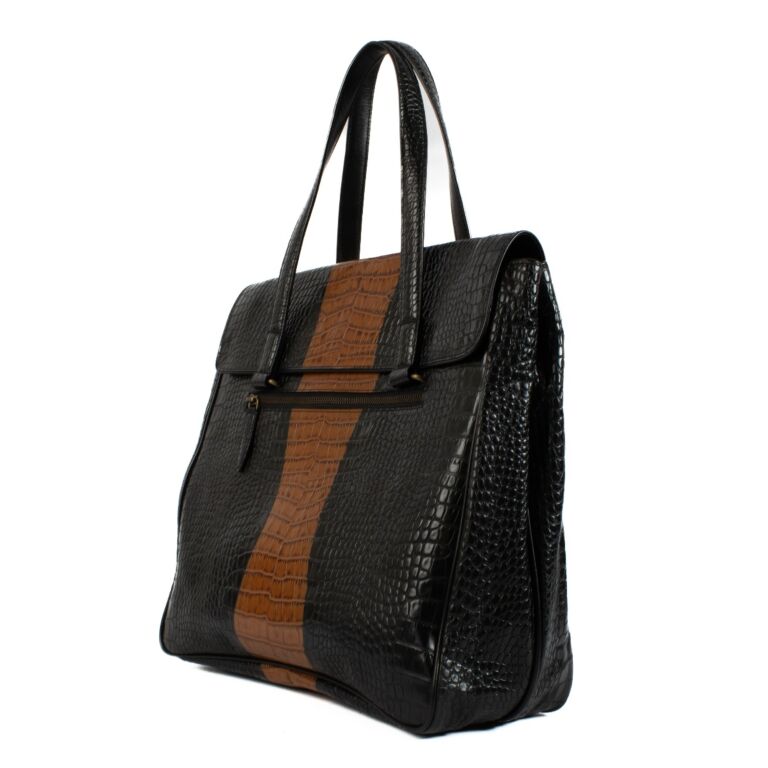 Dries Van Noten Black Crocodile Embossed Leather Tote Bag