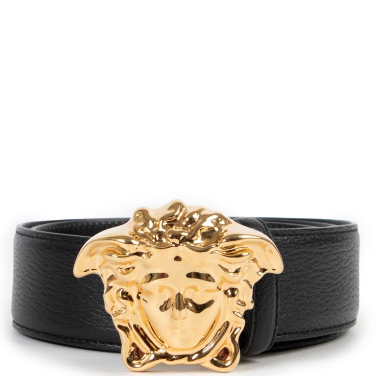 VERSACE BLACK LEATHER BELT with TITANIUM color MEDUSA ROUND GROOVED BUCKLE  90/36