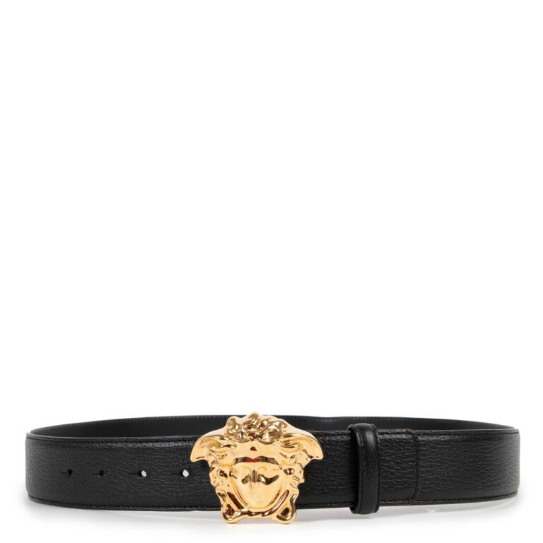 VERSACE BLACK LEATHER BELT with TITANIUM color MEDUSA ROUND GROOVED BUCKLE  90/36