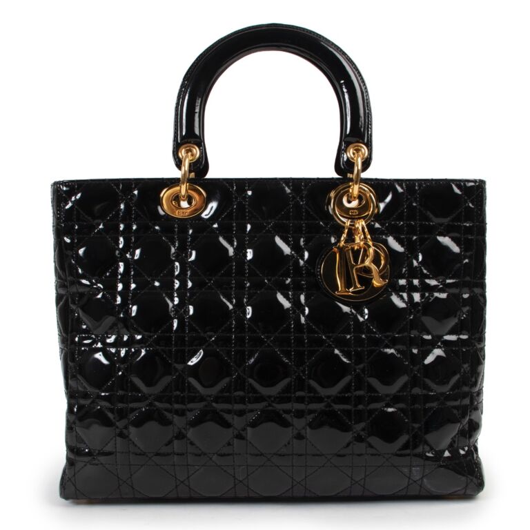 Christian Dior Lady Dior Black Patent Leather Top Handle Labellov Buy and Sell Authentic Luxury