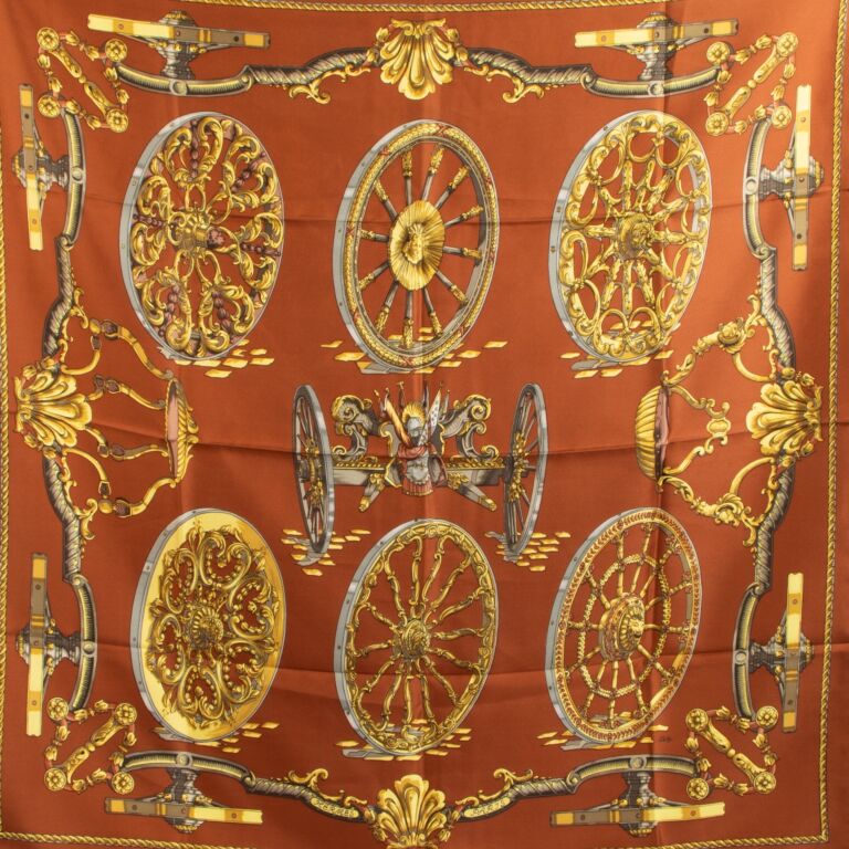 Hermès Brown and Gold 'Roues De Canon' Carré 90 Silk Scarf