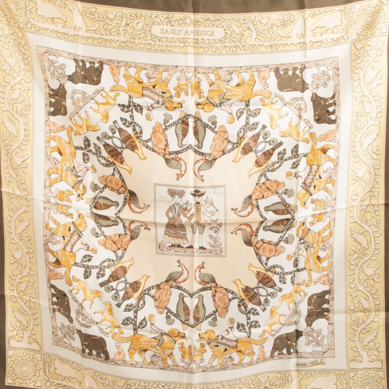 HERMES Scarf Carré 90 Rocaille Cream Hermès Carre Super Silk Quest Scarf 90