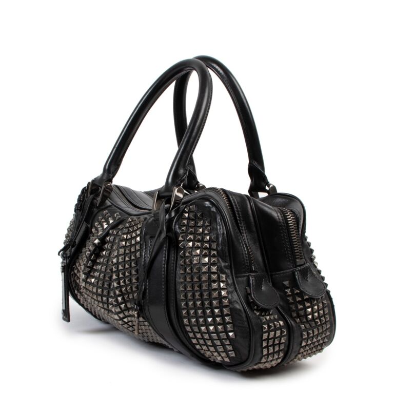 Miu Miu Dark Brown Crackled Leather Studded Tote – Occhi Azzurri