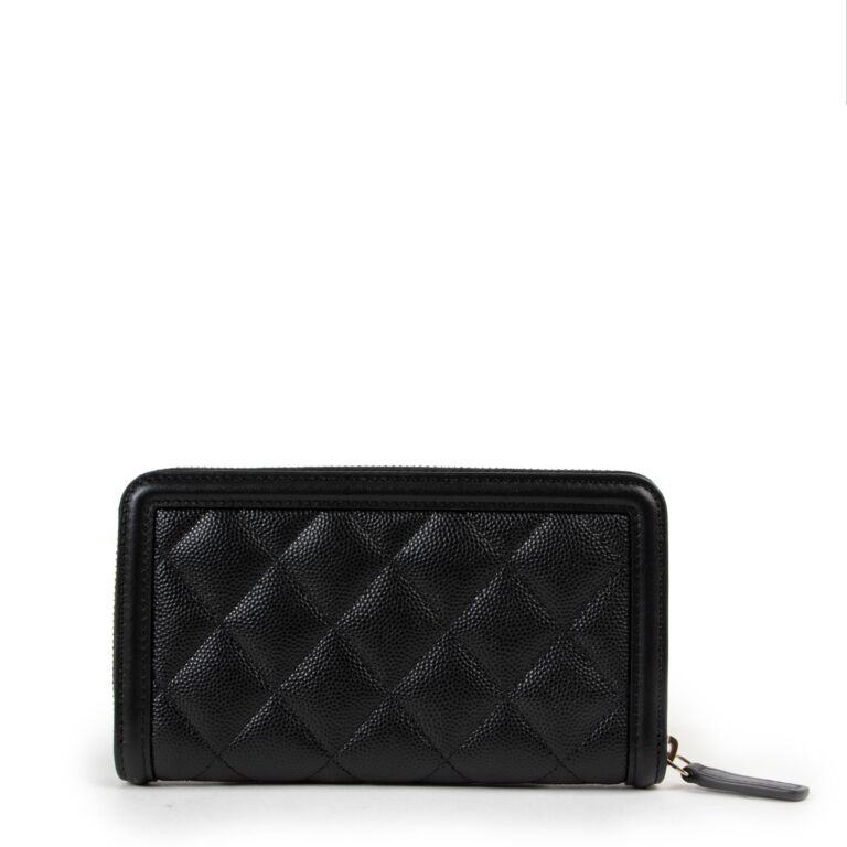 CHANEL Caviar Quilted Boy Zip Around Coin Purse Wallet Black