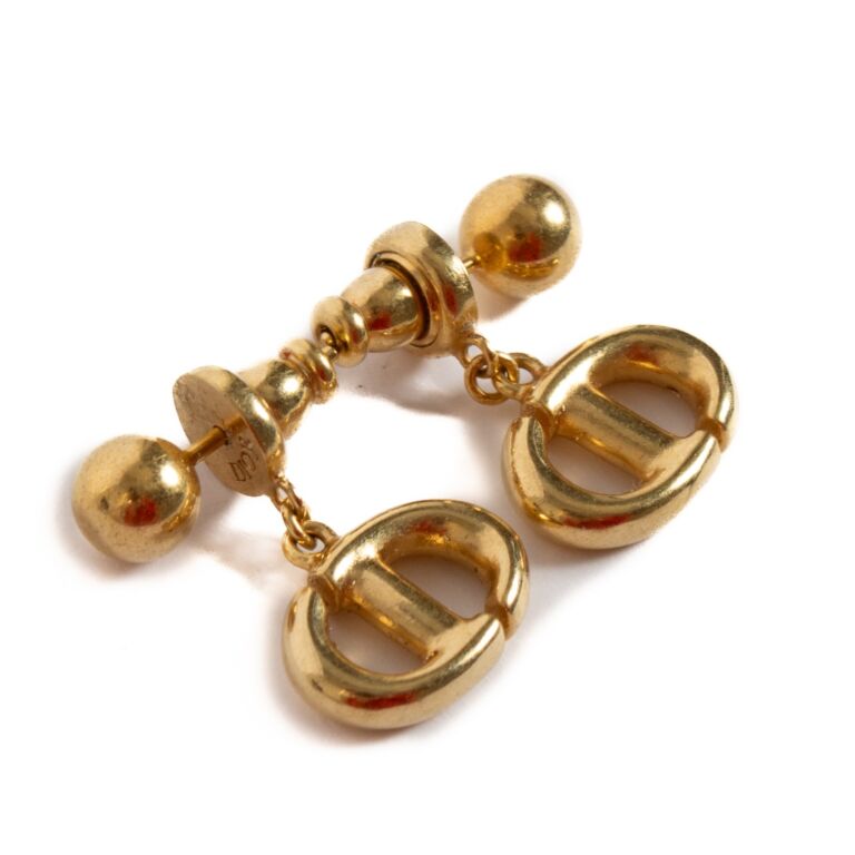 Christian Dior Gold Metal CD Navy Earrings ○ Labellov