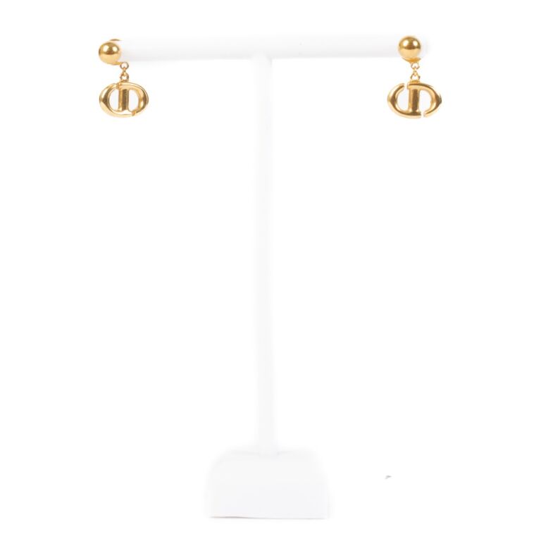 Christian Dior Gold Metal CD Navy Earrings ○ Labellov