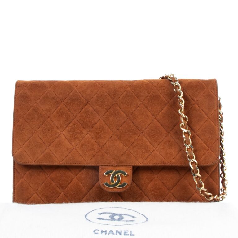 CHANEL Suede Camellia Embossed Clutch Bag Brown 330644