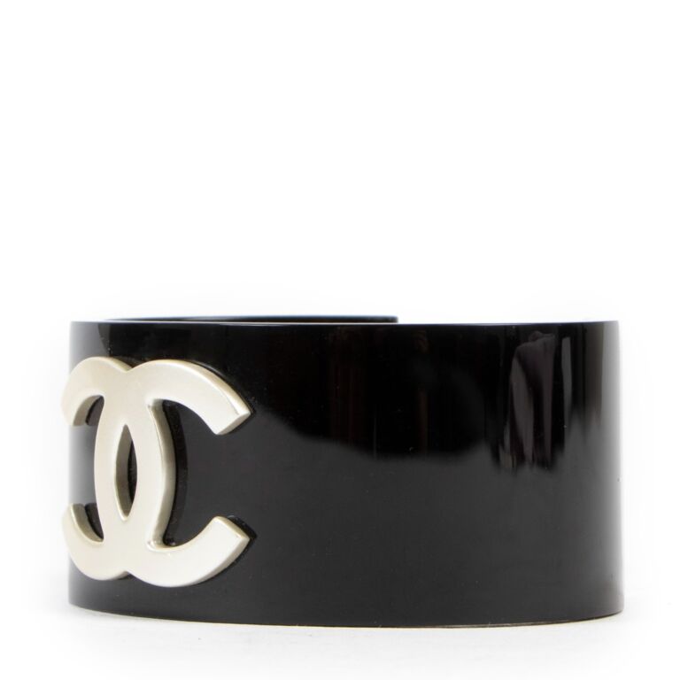 Chanel CC Crystal Studded Black Resin Hinged Wide Cuff Bracelet at