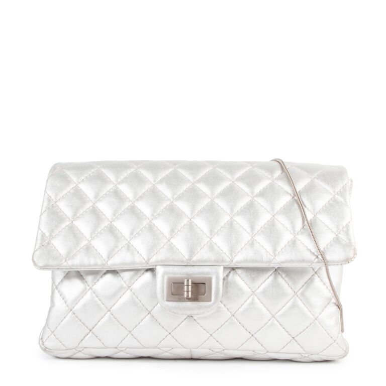 Chanel Quilted Metallic Silver Bowling Bag with Front Pocket at