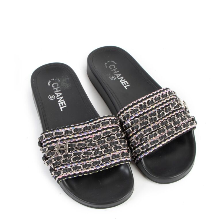 Chanel Black Tweed Tropiconic Chain Flat Slides Size 39 at 1stDibs