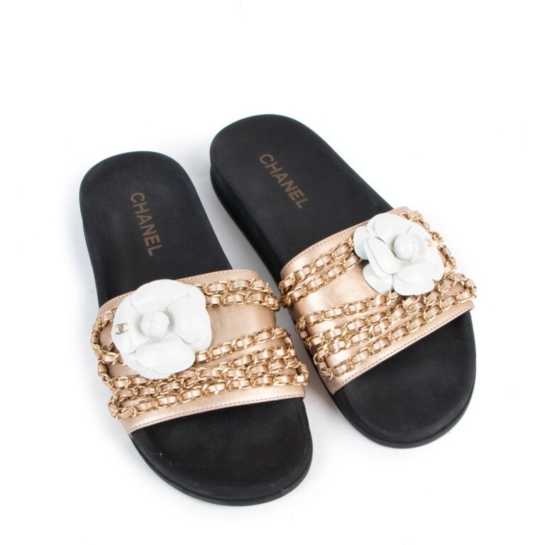 Chanel Rose Gold Tropiconic Camellia CC Chain Slides Size 40