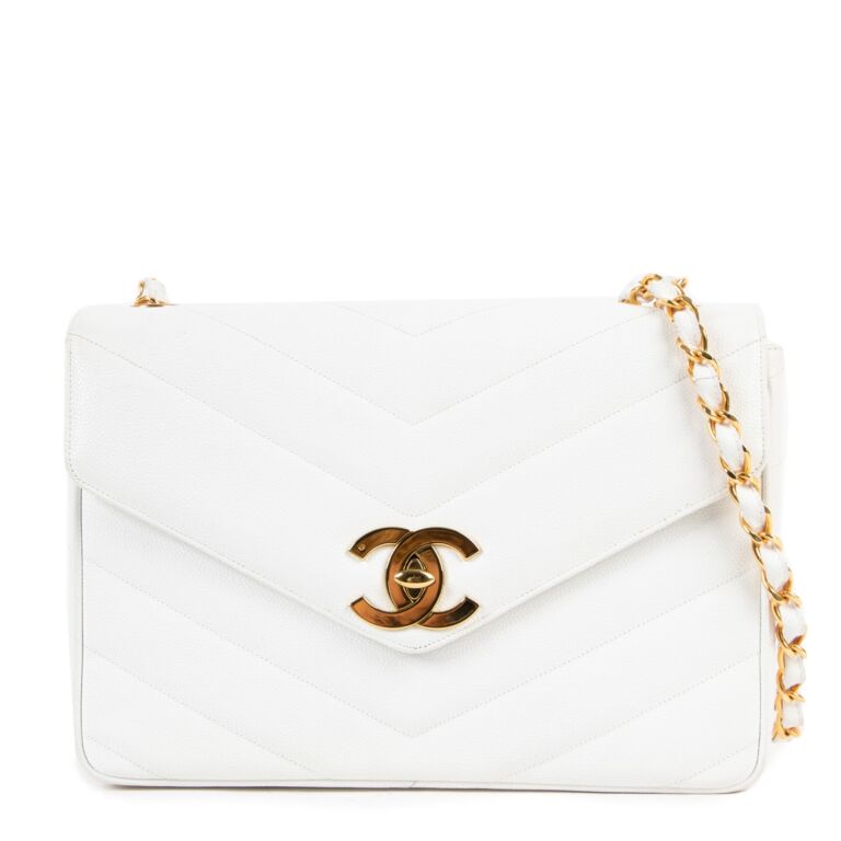 White Chanel CC Chevron Flap Shoulder Bag