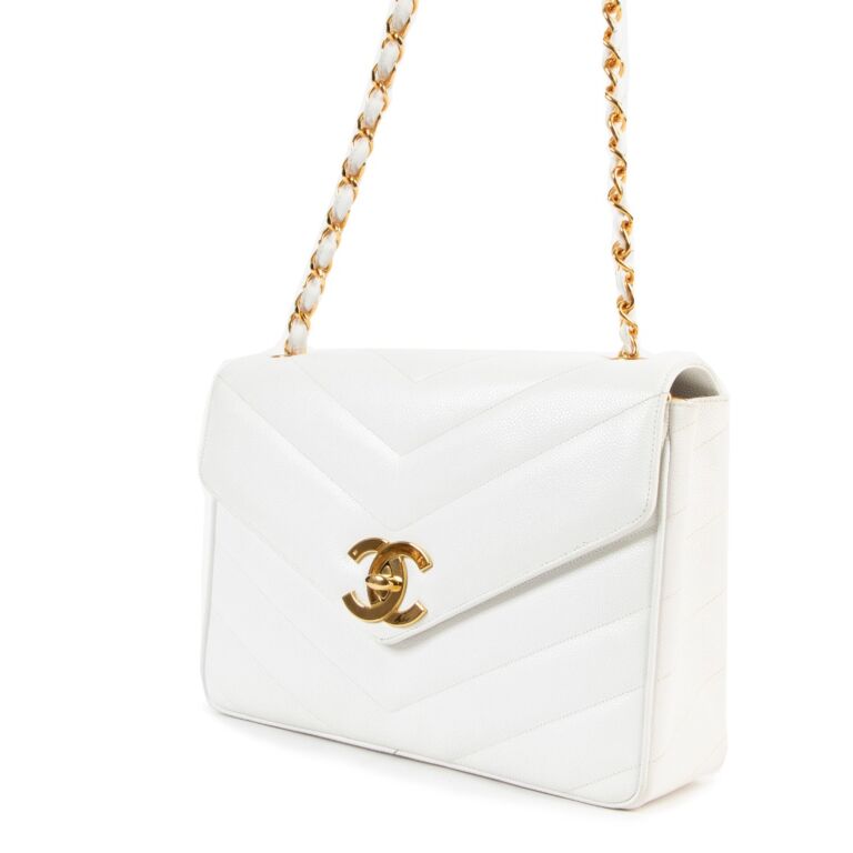 Chanel White Caviar Quilted Chevron Large Vintage Flap Bag