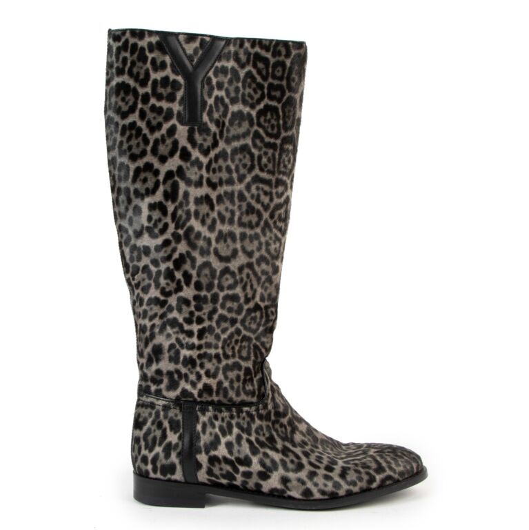 Yves Saint Laurent Leopard Grey Flat Boots Size 39 Labellov