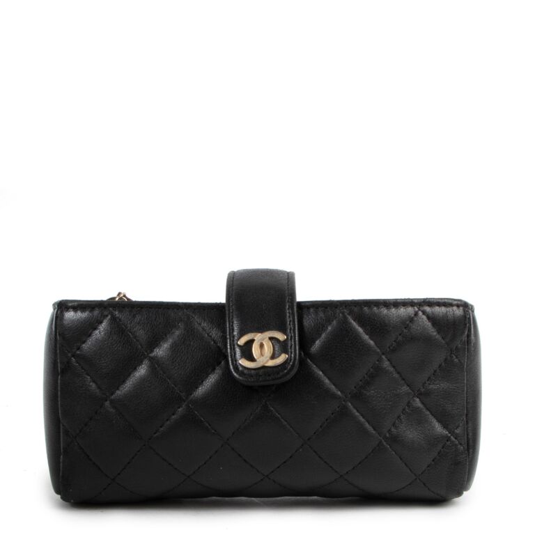 Chanel Black Quilted Lambskin Top Handle Classic Flap Phone Holder