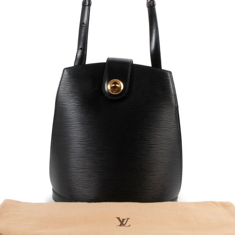 LOUIS VUITTON EPI LEATHER NOCTURNE SHOULDER BAG, black leather with dark  grey suede lining, detachable handle, magnetic flap closure, bottom feet,  26cm x 12cm H x 10cm.