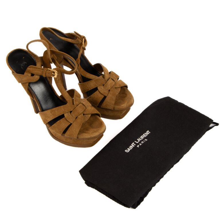 Saint Laurent Camel Croc Embossed Suede Tribite Sandals
