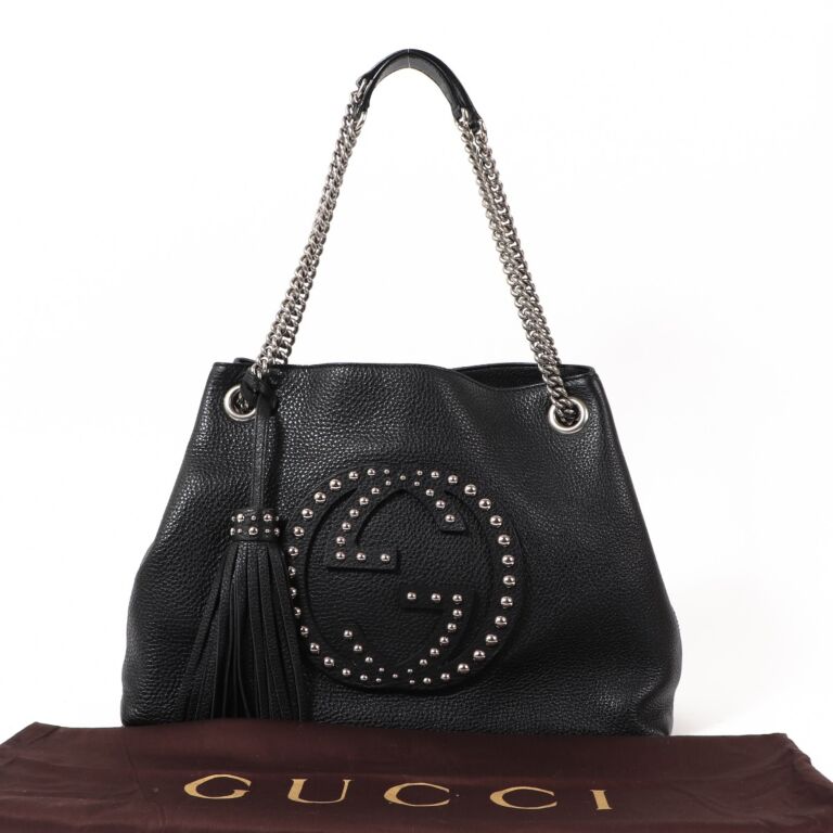 Gucci Black Leather Studded Soho Chain Shoulder Bag Labellov
