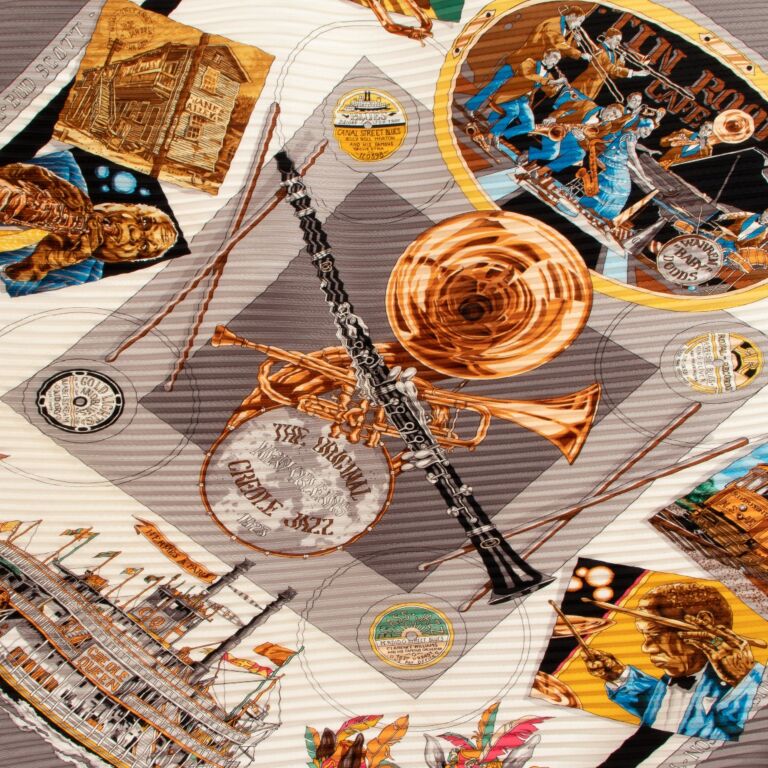 Hermès Grey The Original New Orleans Creole Jazz 1923 Plissé Scarf
