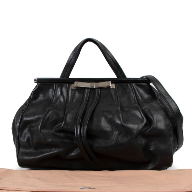 Miu Miu Black Leather Silver Bow Top Handle Bag ○ Labellov