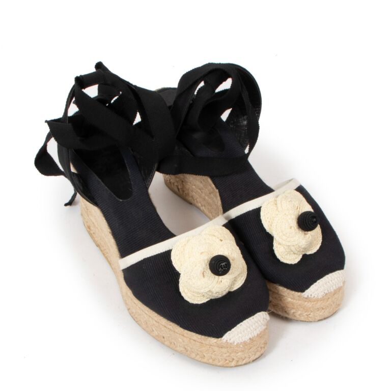 Chanel Black Canvas Camellia Ankle Strap Espadrille Wedges - Size