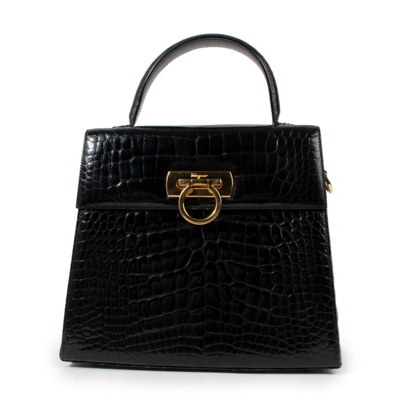 Ferragamo Black Alligator Medium Iconic Bag Labellov Buy and