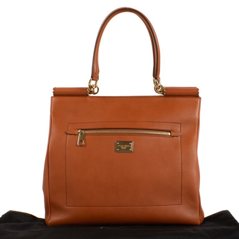 Dolce Gabbana Orange Leather Front Pocket Sicily Tote Bag Labellov Buy and Sell Authentic Luxury