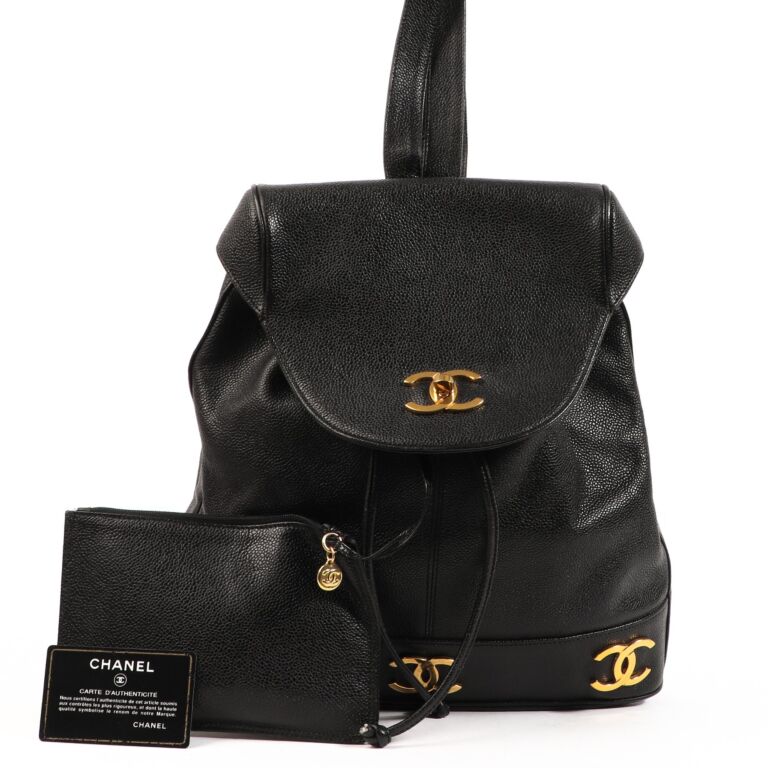 Chanel 1996 Vintage Black Caviar Triple CC Stitched Shoulder Tote Bag
