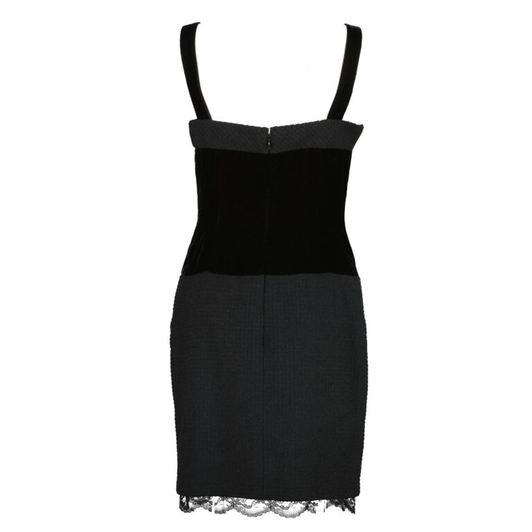 Chanel Vintage Black Velvet/Tweed Lace Trim Dress - Size 40