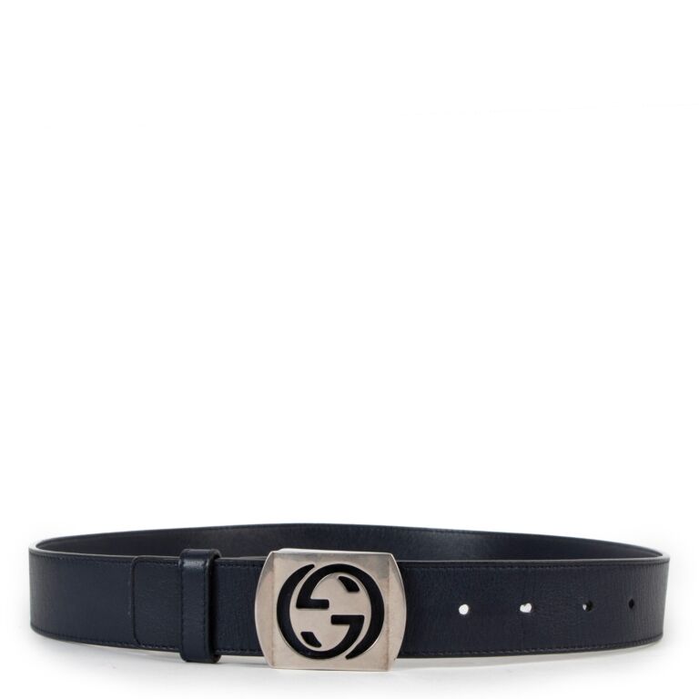 Gucci GG Cut out Buckle Blue Leather Belt Size 85 Labellov