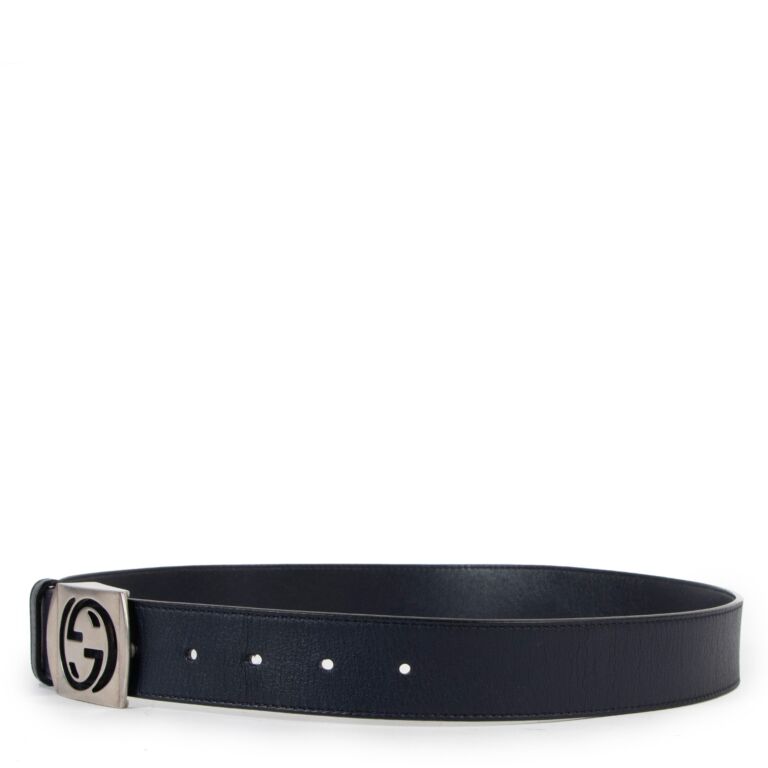Gucci Navy Leather Belt GGロゴ Gucci GG Cut-out Buckle Blue Leather Belt - Size 85