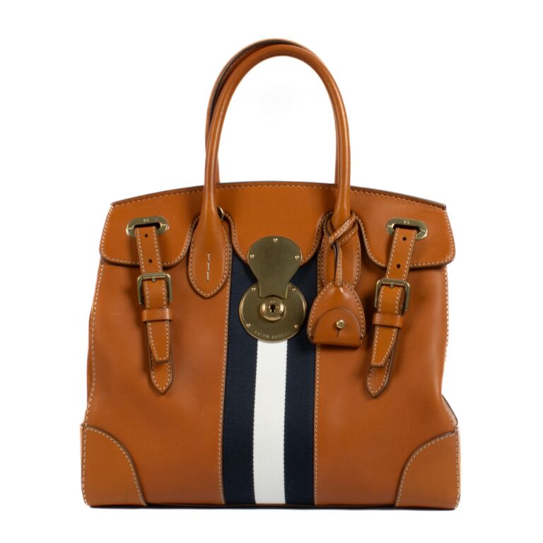 Ralph Lauren Collection Tan Navy Striped Soft Ricky 33 Bag Labellov Buy and Sell Authentic Luxury