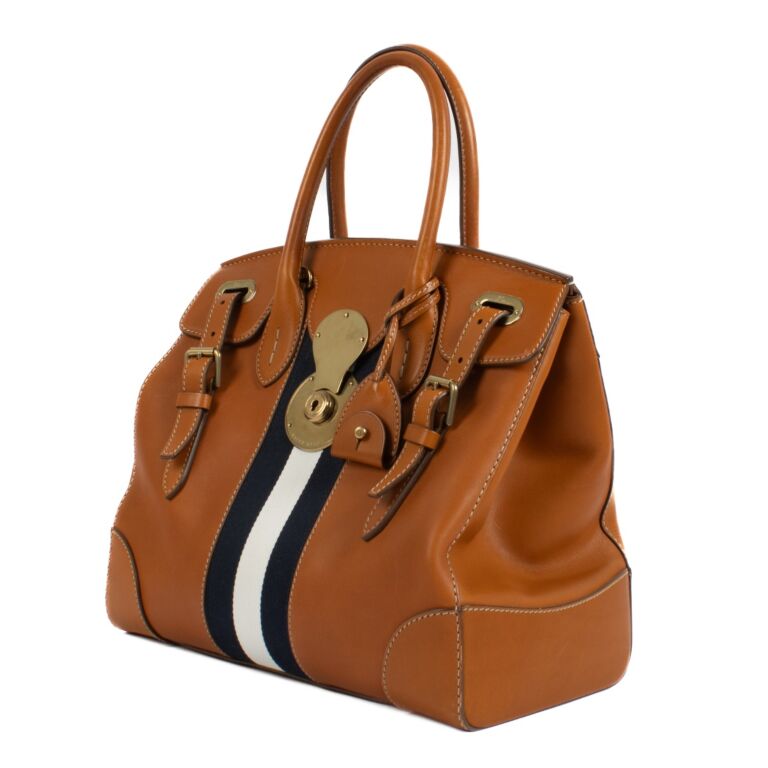 Ralph Lauren Collection Tan Navy Striped Soft Ricky 33 Bag Labellov Buy and Sell Authentic Luxury