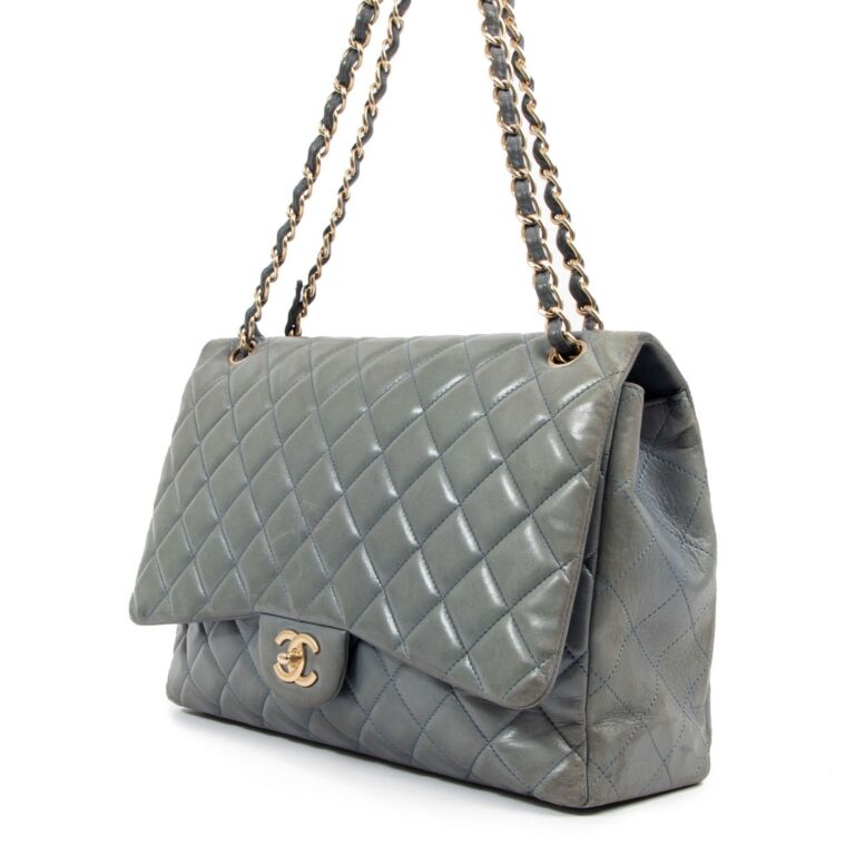 Chanel Grey-Blue Lambskin Maxi Classic Single Flap Bag ○ Labellov