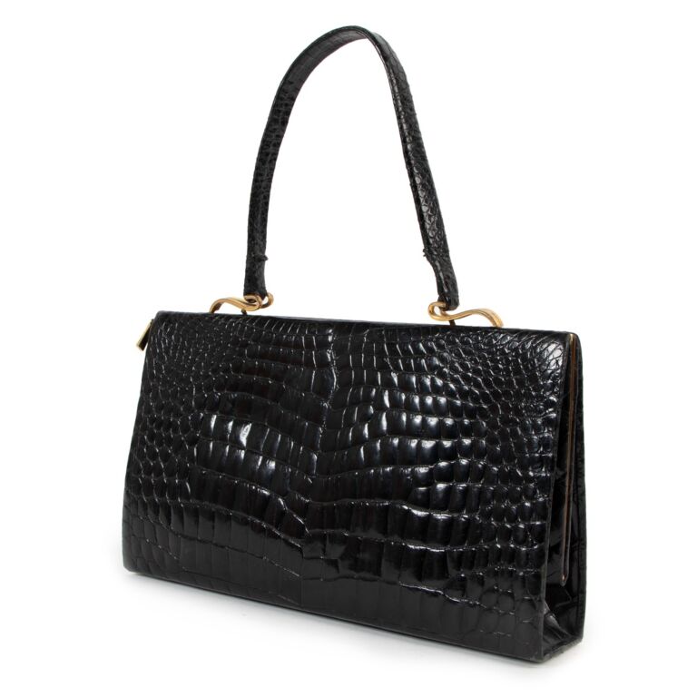 Delvaux 1960s Black Shiny Crocodile Top Handle Bag ○ Labellov