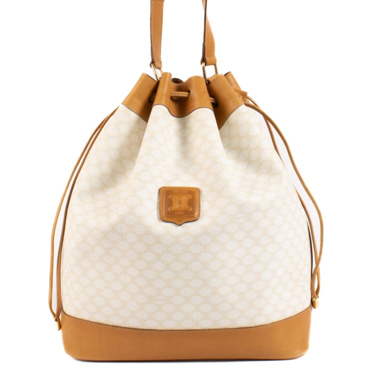 Celine Vintage White/Camel Macadam Triomphe Canvas Bucket
