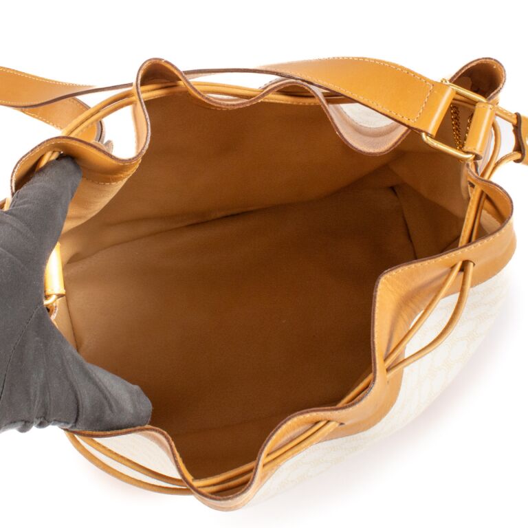 Celine Vintage White/Camel Macadam Triomphe Canvas Bucket
