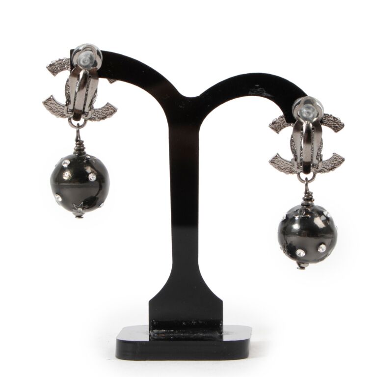 Chanel Black Round Black Crystal Silver CC Drop Earrings