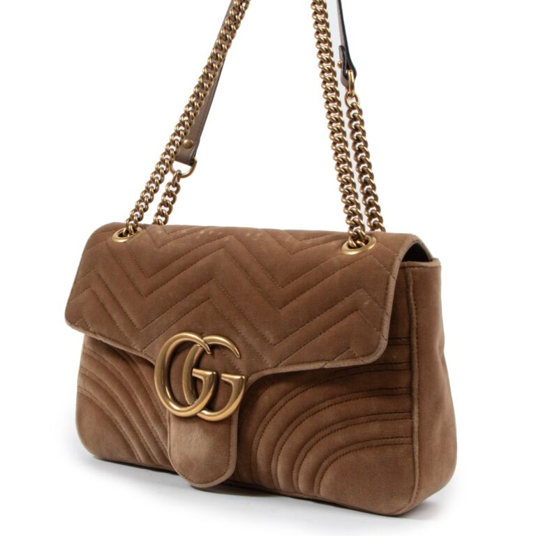 Gucci Beige Matelassé Velvet Small GG Marmont Shoulder Bag