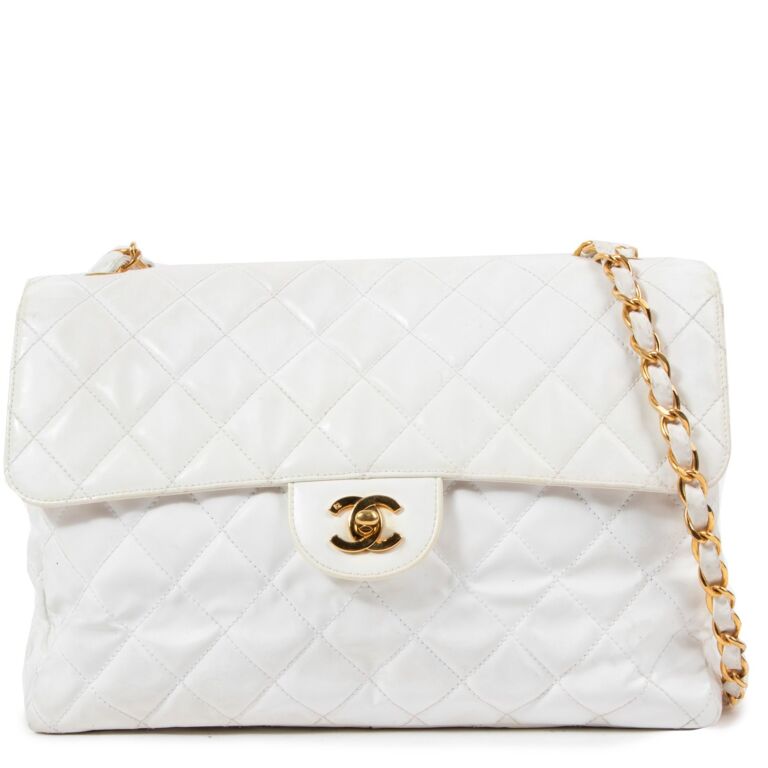 Chanel White Large Flap Bag Gold Chain Shoulder Strap at 1stDibs  white bag  with gold chain, chanel white chain bag, white shoulder bag with gold chain