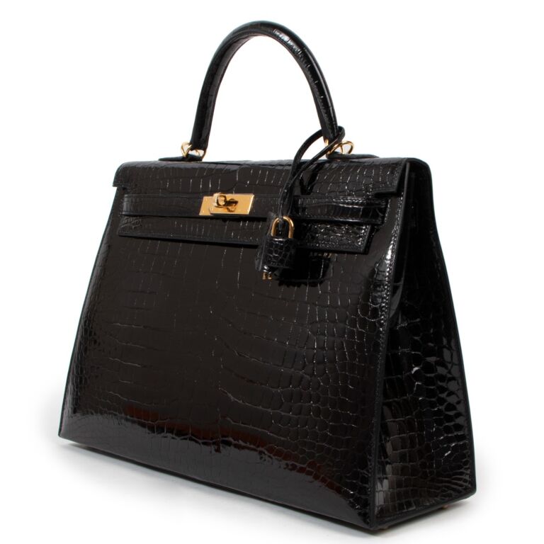 Hermès Kelly 35 Black Shiny Porosus Crocodile GHW ○ Labellov