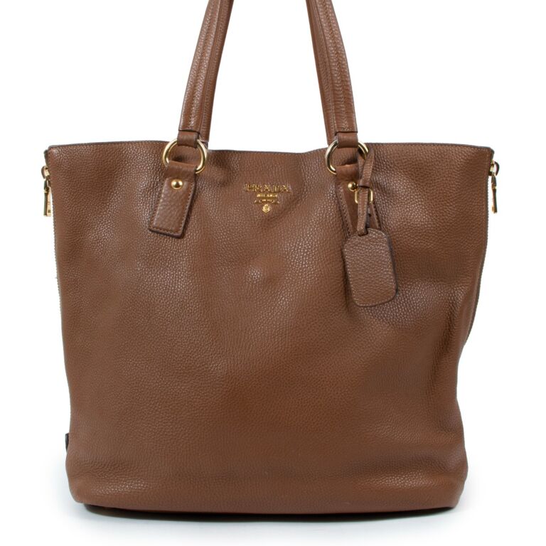 Prada Brown Vitello Daino Side Zip Large Tote Bag Labellov