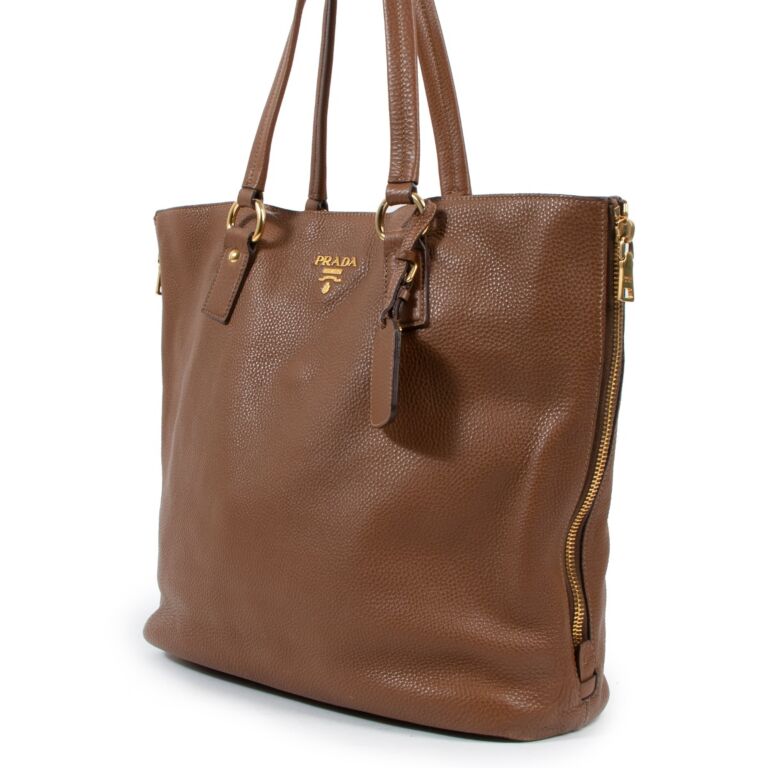 Prada Brown Vitello Daino Side Zip Large Tote Bag Labellov
