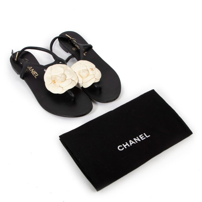Chanel Beige Camellia Black Flat Sandals ○ Labellov ○ Buy and Sell Authentic  Luxury
