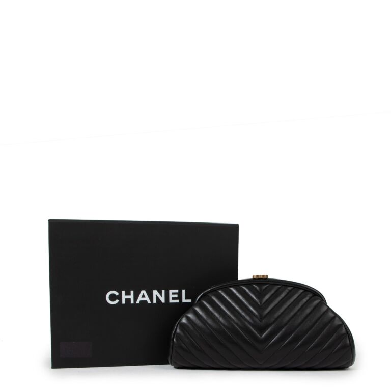 Chanel Black Lambskin Chevron Quilted Timeless Clutch Labellov